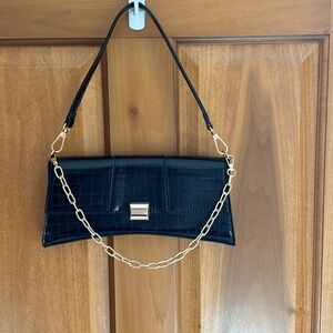 Aldo Black Croc-Embossed Shoulder Bag with Gold Chain